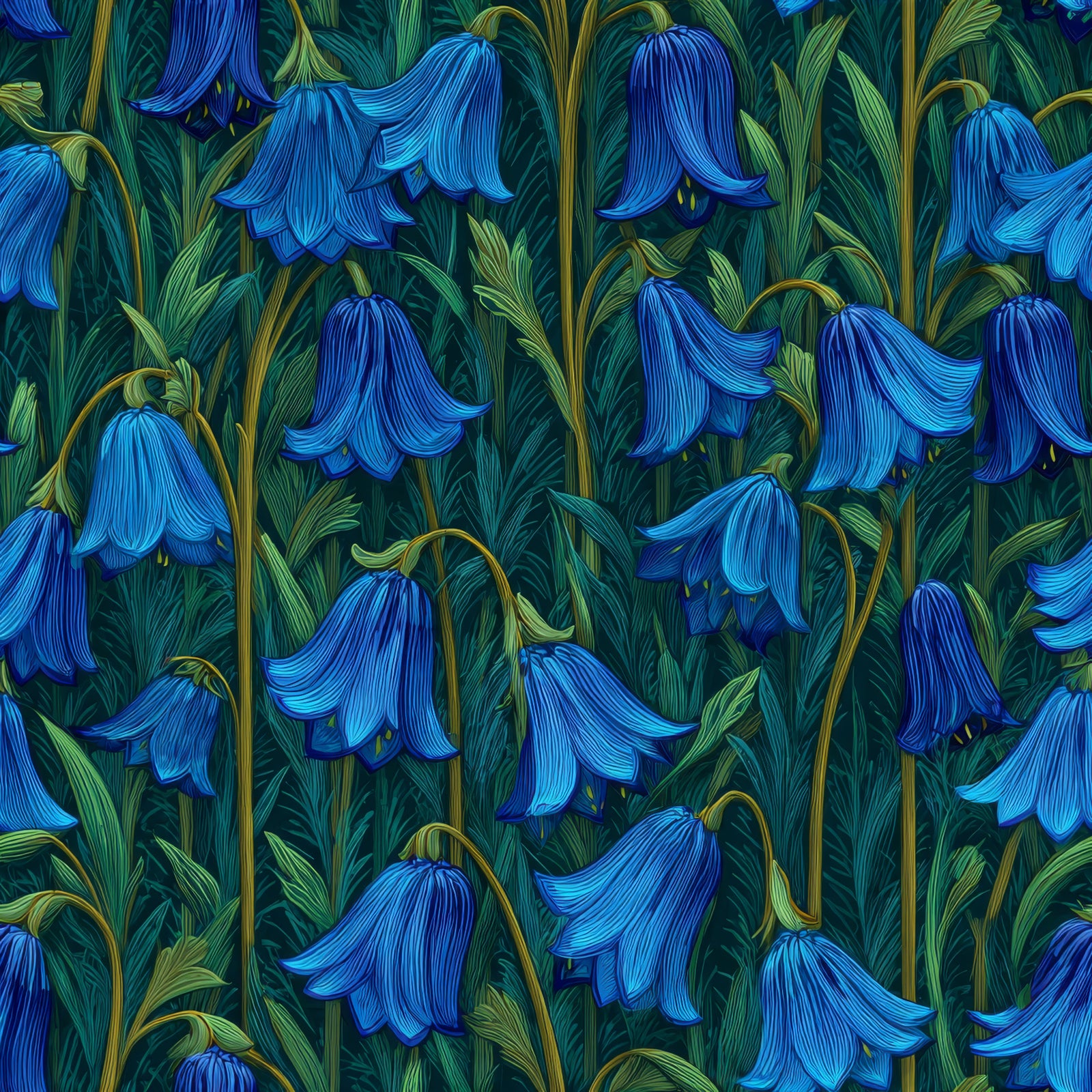 Midnight bluebell curtain wallpaper with floral pattern by William Morris, with green and yellow stems.
