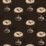 Espresso martini wallpaper with coffee bean pattern and brown background.