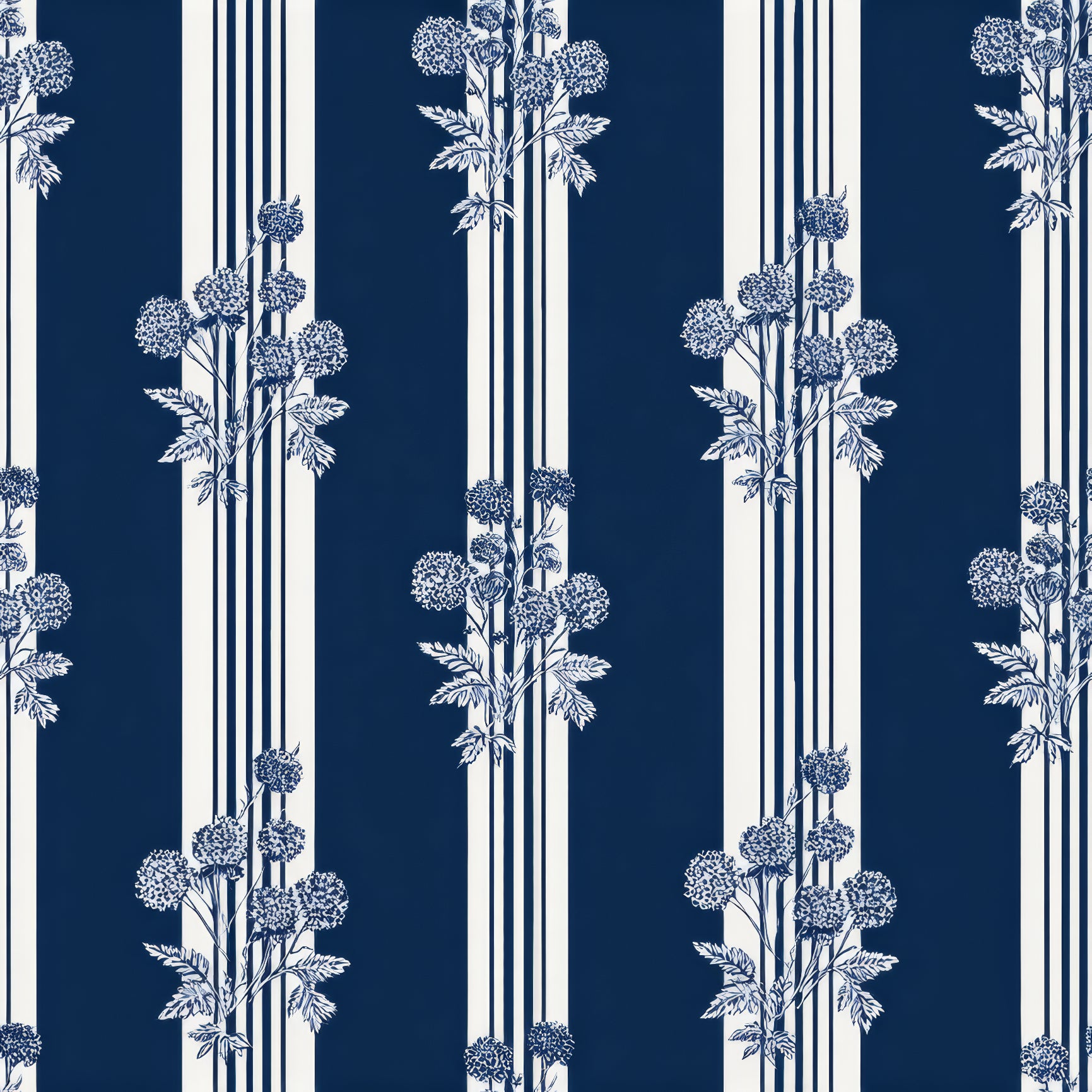 Midnight Calder wallpaper with blue and white stripes, patterned with blue floral sprays.