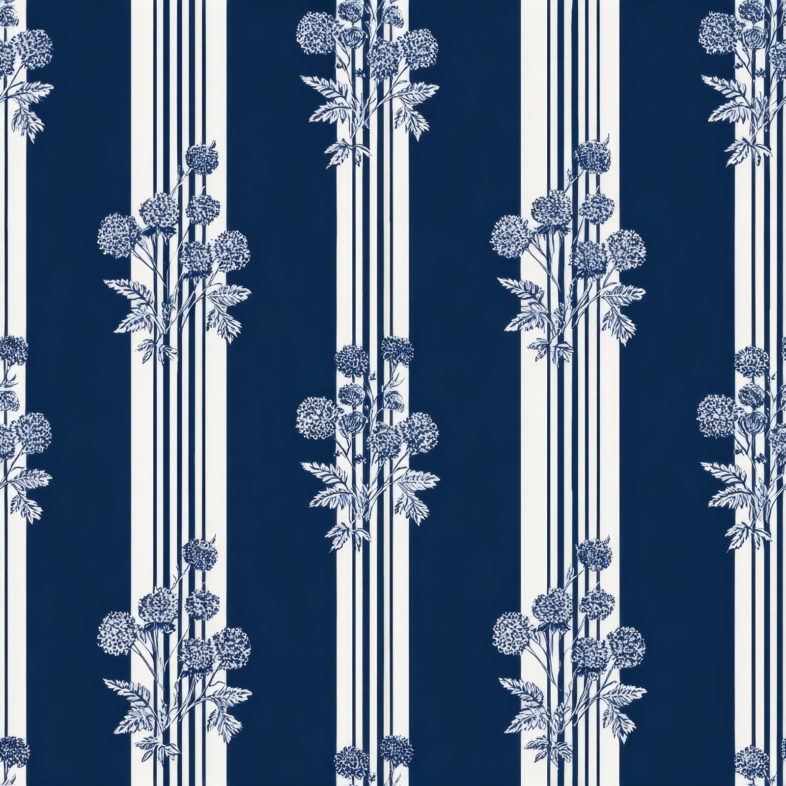 Midnight Calder wallpaper with blue and white stripes, patterned with blue floral sprays.