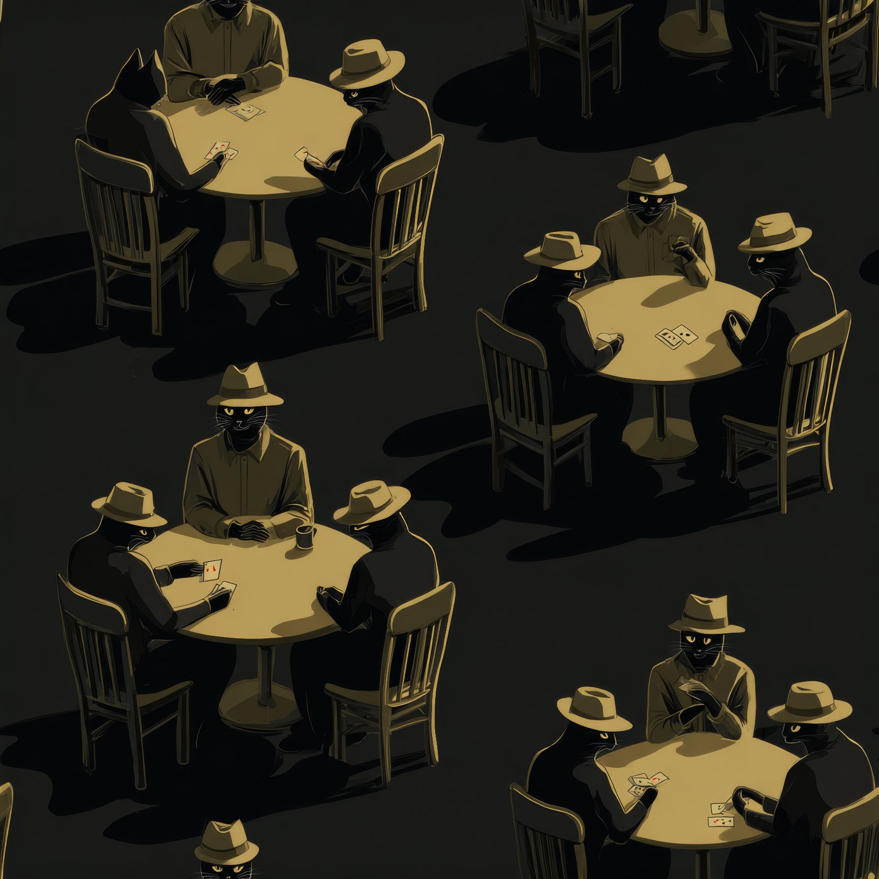 Cartoon wallpaper featuring black cats in suits by Midnight Syndicate, in a repeating pattern.
