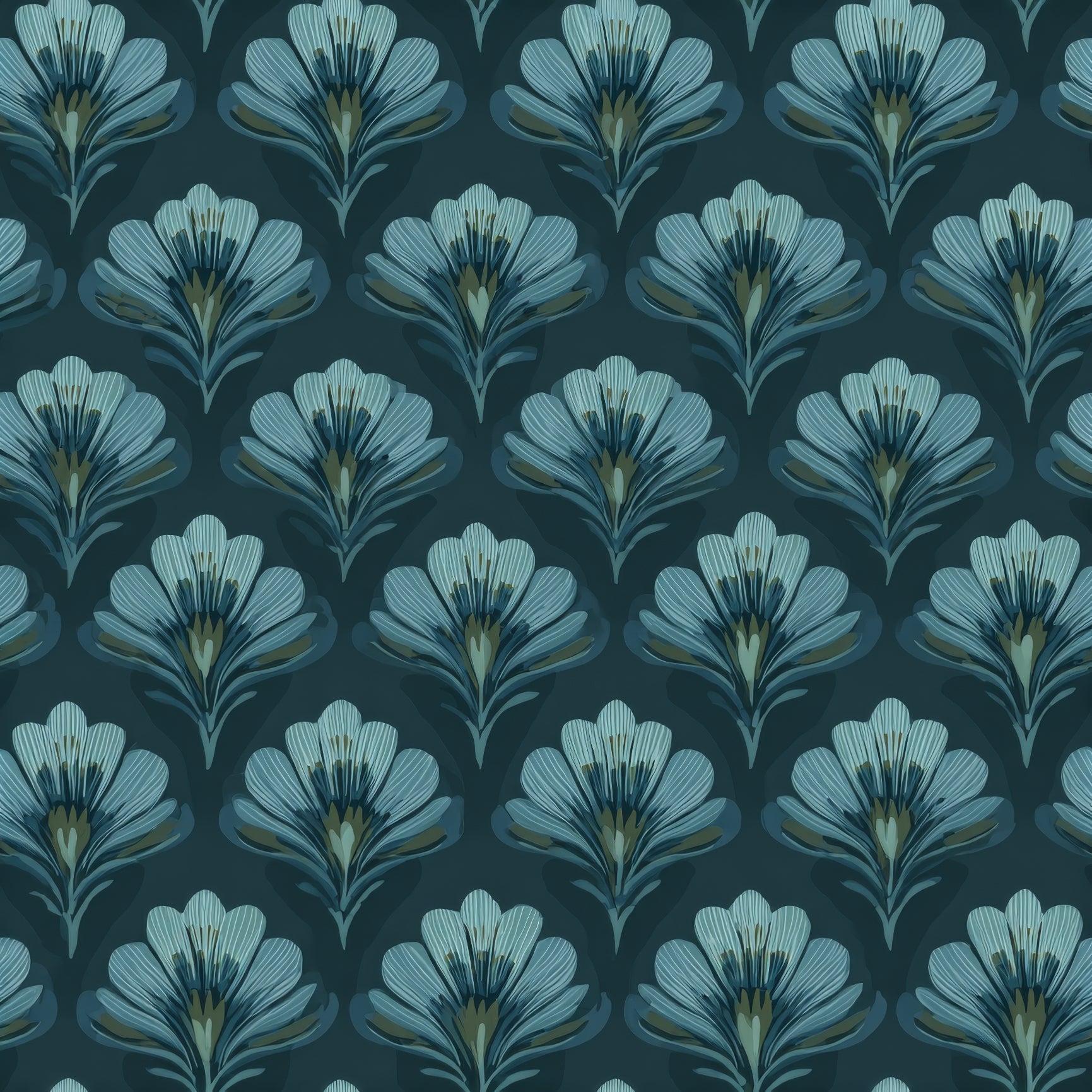 Blue floral wallpaper with bloom pattern on a dark teal background.