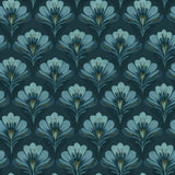 Blue floral wallpaper with bloom pattern on a dark teal background.