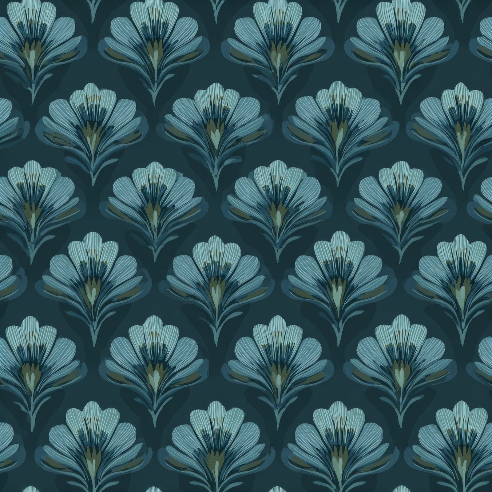 Blue floral wallpaper with bloom pattern on a dark teal background.
