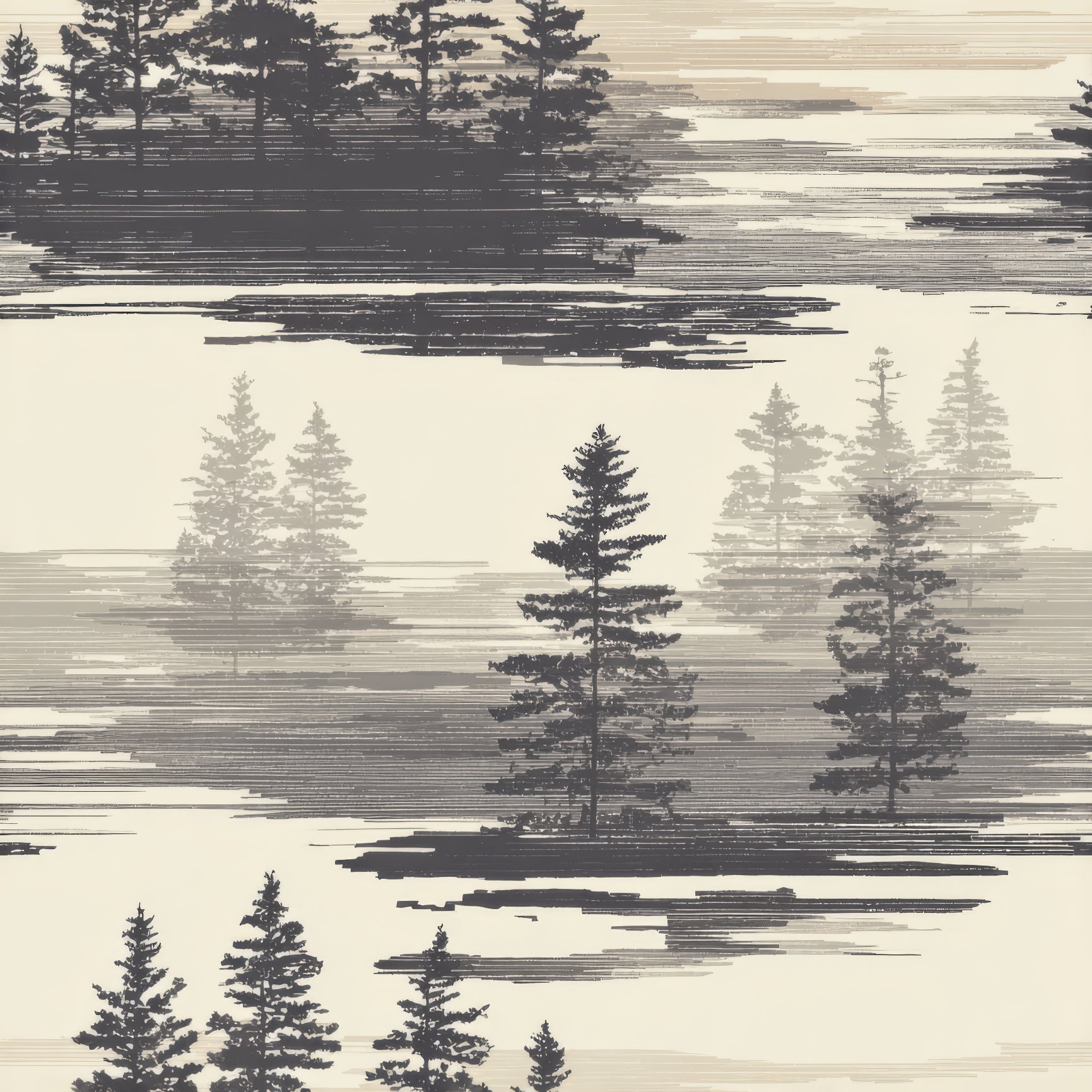 Misted pines inlet wallpaper with horizontal line pattern and tree design.