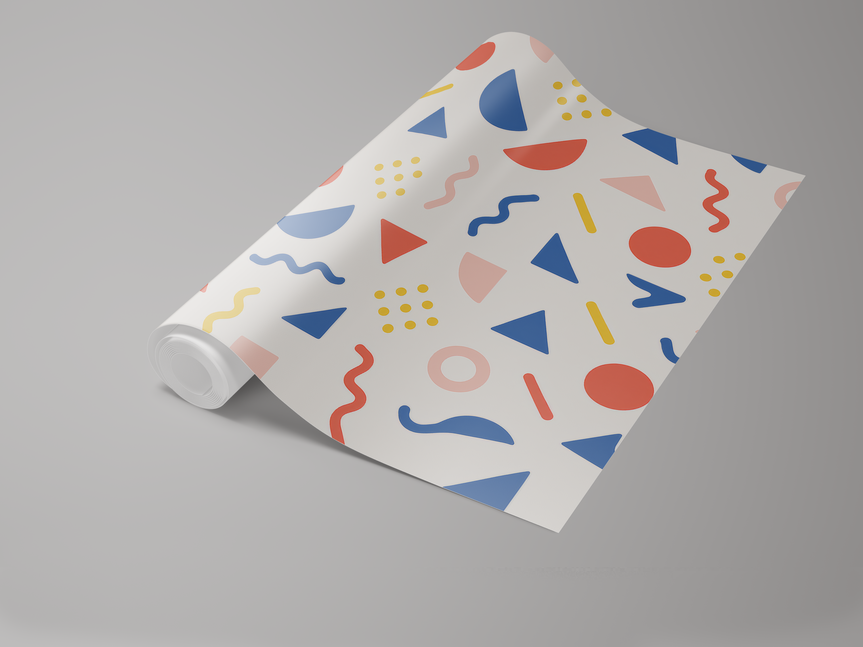 Modern Memphis wallpaper with geometric pattern on a roll.