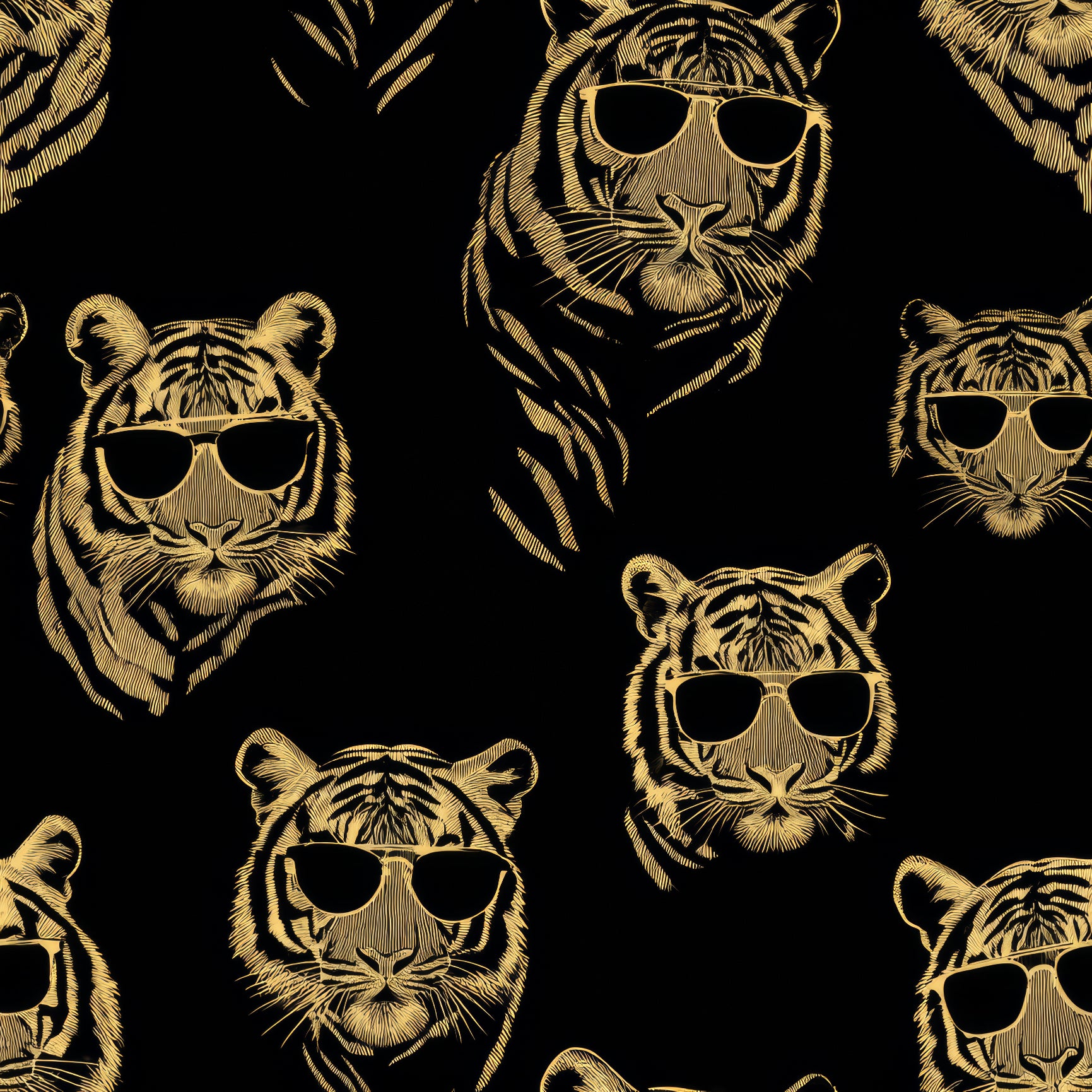Nightfall Maharaja Wallpaper with tiger pattern and gold line art on a black backdrop.
