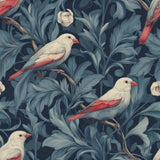 Floral aviary wallpaper featuring blue leaves and white and red birds with flowers.
