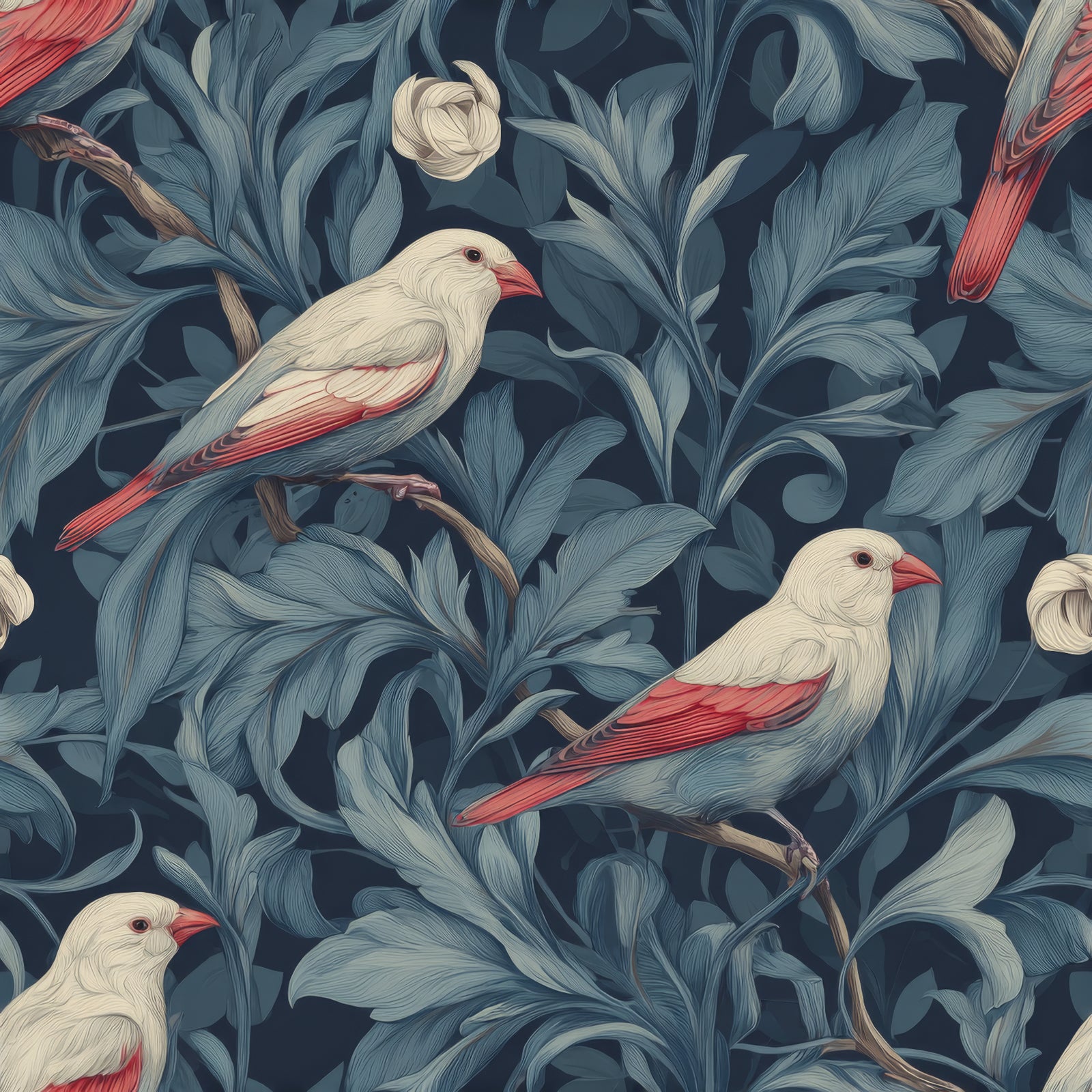 Floral aviary wallpaper featuring blue leaves and white and red birds with flowers.