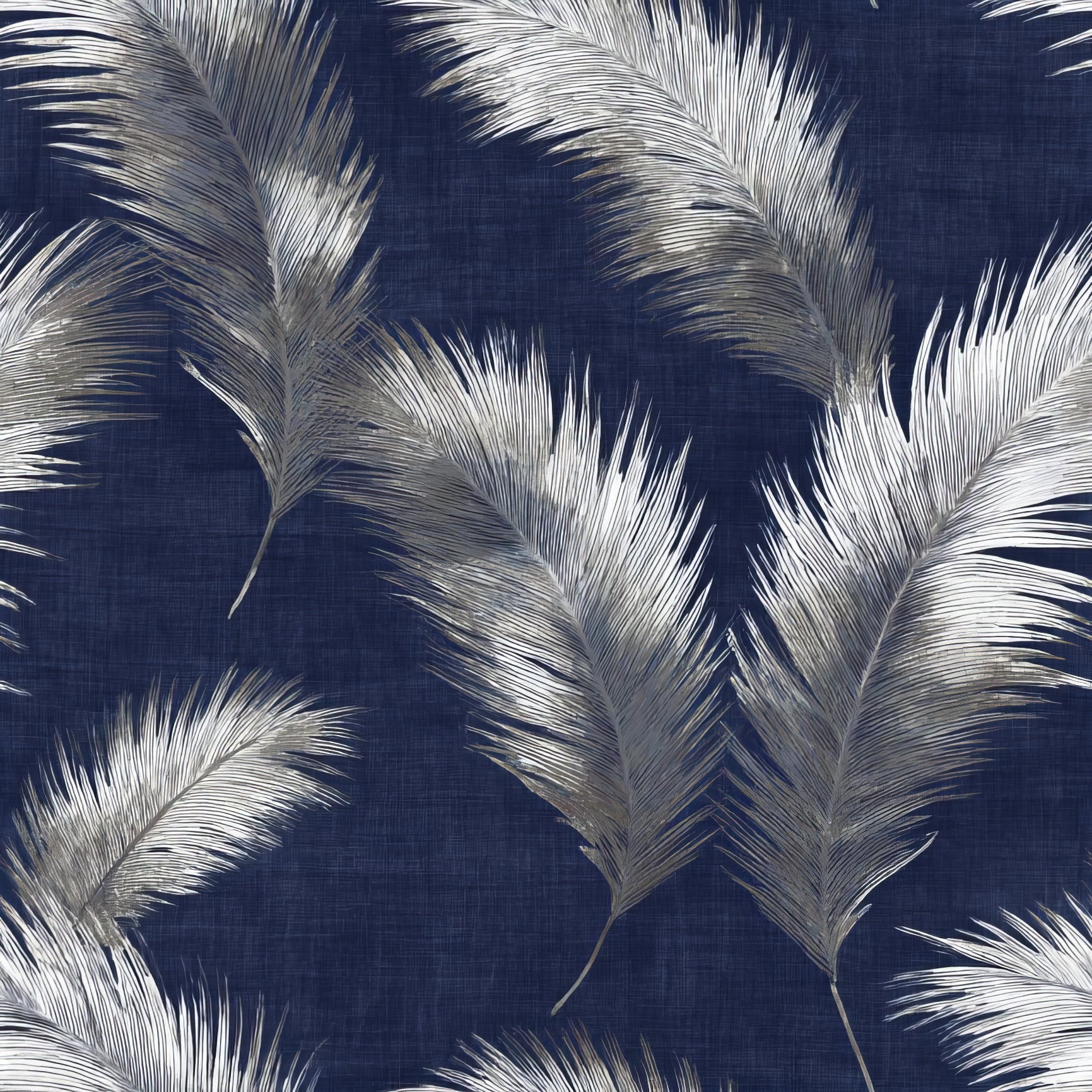 Blue and silver plume wallpaper with tropical leaf pattern against a linen-textured background.