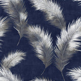 Blue and silver plume wallpaper with tropical leaf pattern against a linen-textured background.