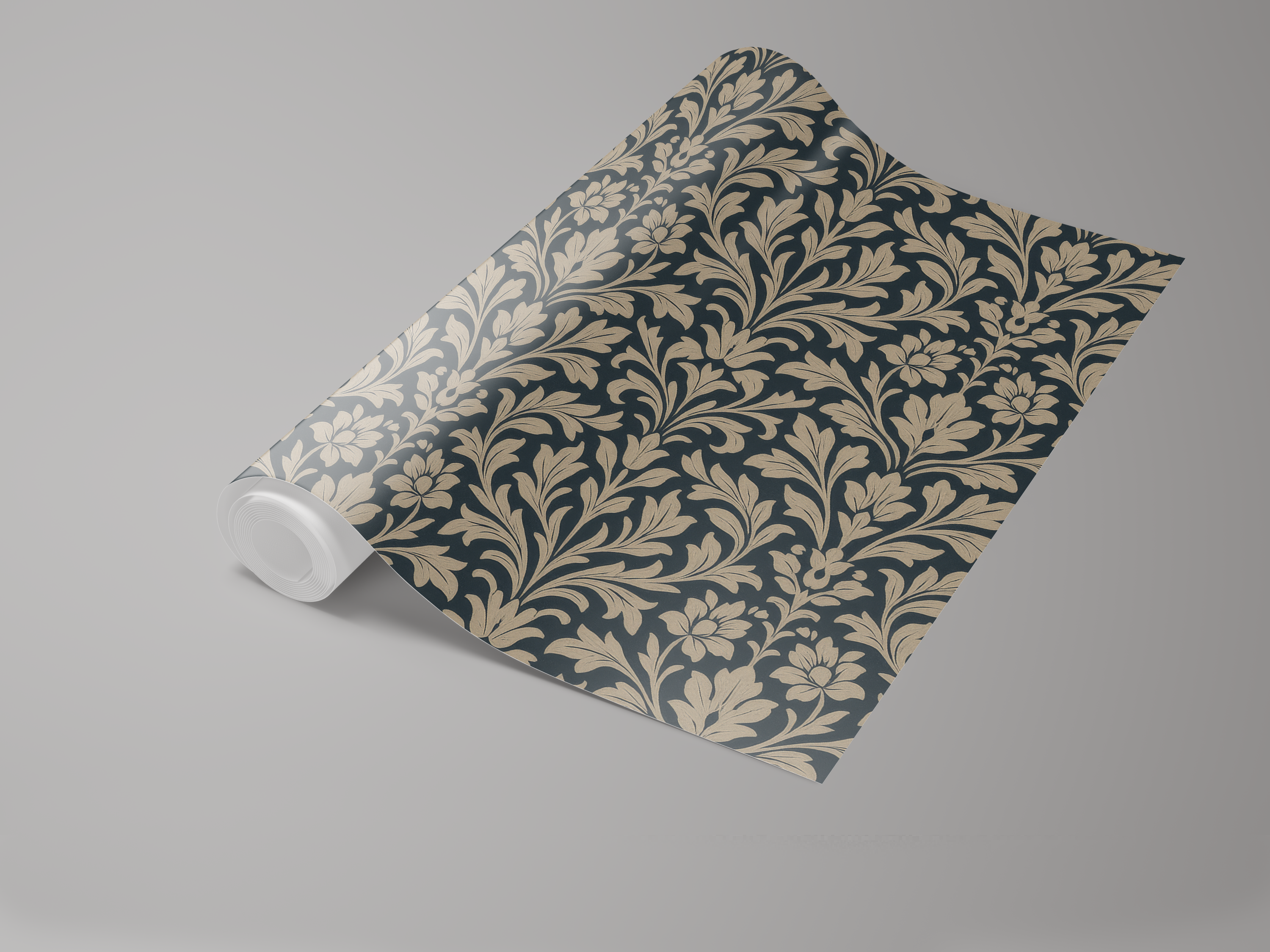 Floral wallpaper by Noble Laurel with a dark blue background and light brown floral design.