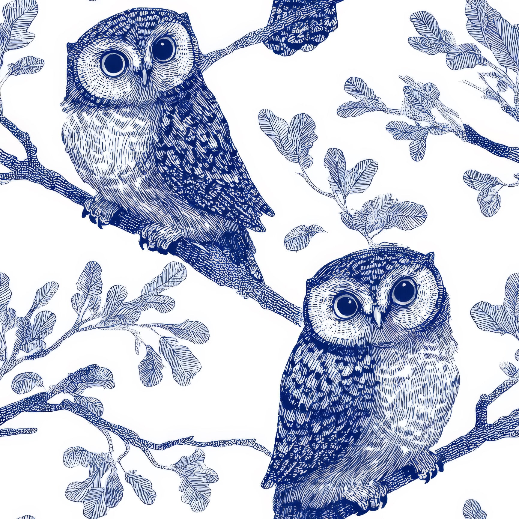Blue and white owl wallpaper with branches pattern, in a hand-drawn style.