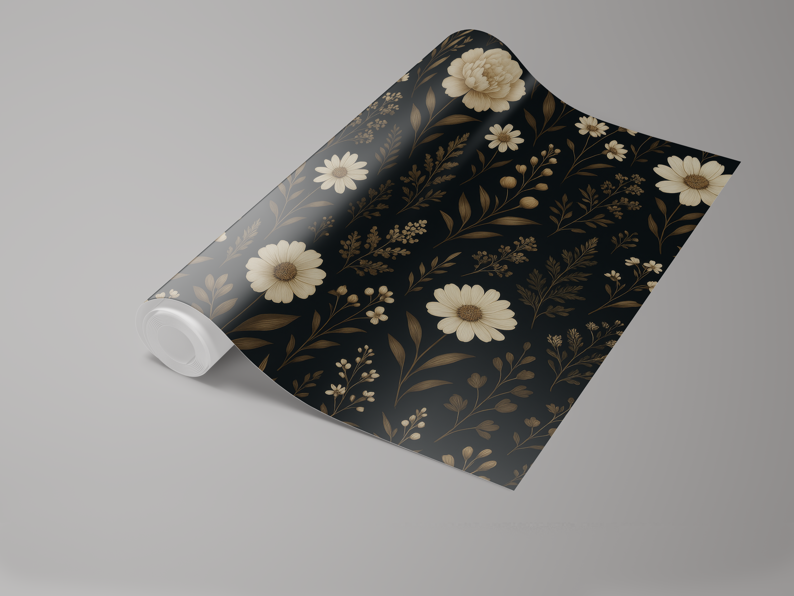 Moody floral wallpaper with ivory blooms on black for entryways