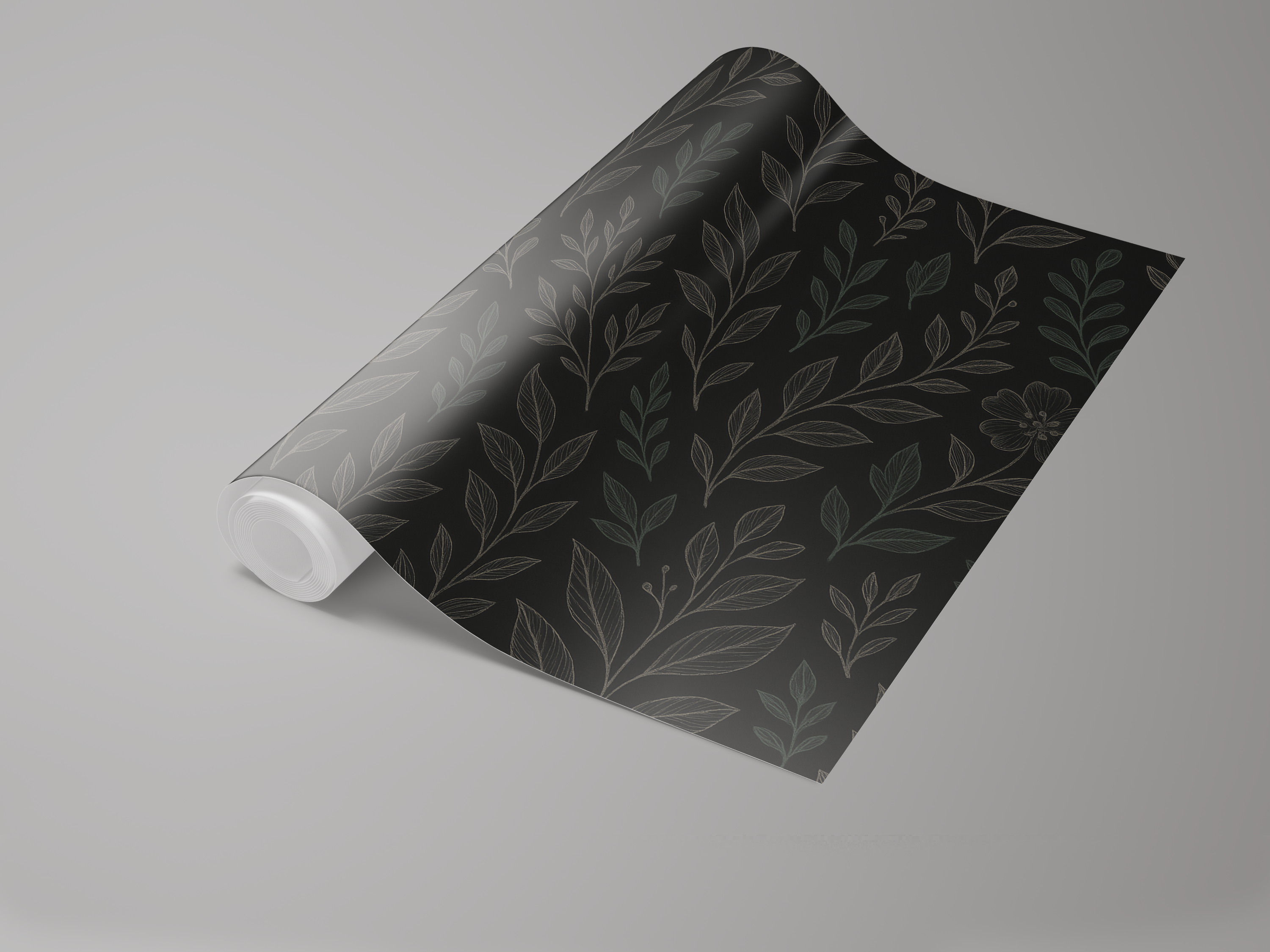 Dark floral wallpaper by Noir Botanica with a leaf and branch pattern.