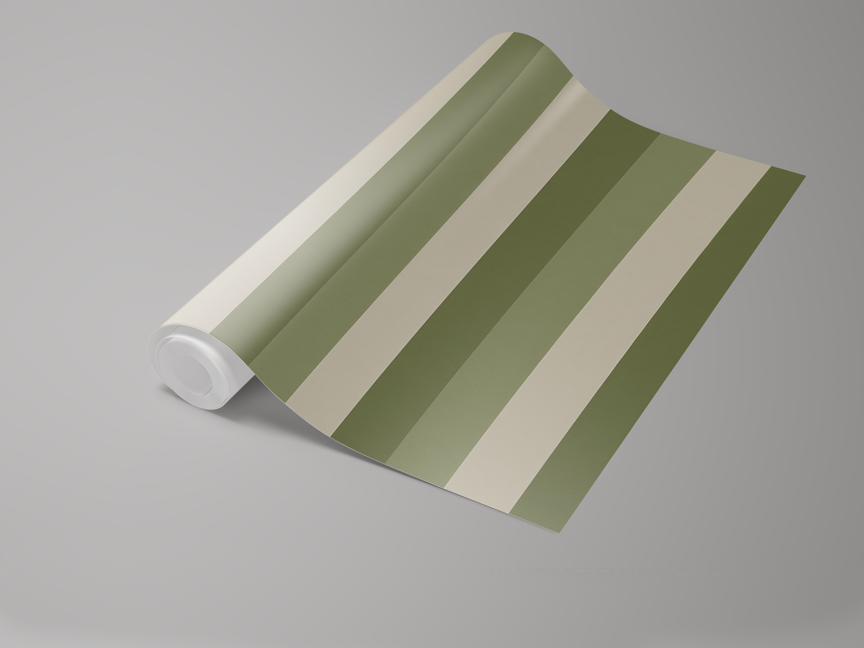 Olive green striped wallpaper by with a roll on a light gray background.