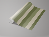 Olive green striped wallpaper by with a roll on a light gray background.