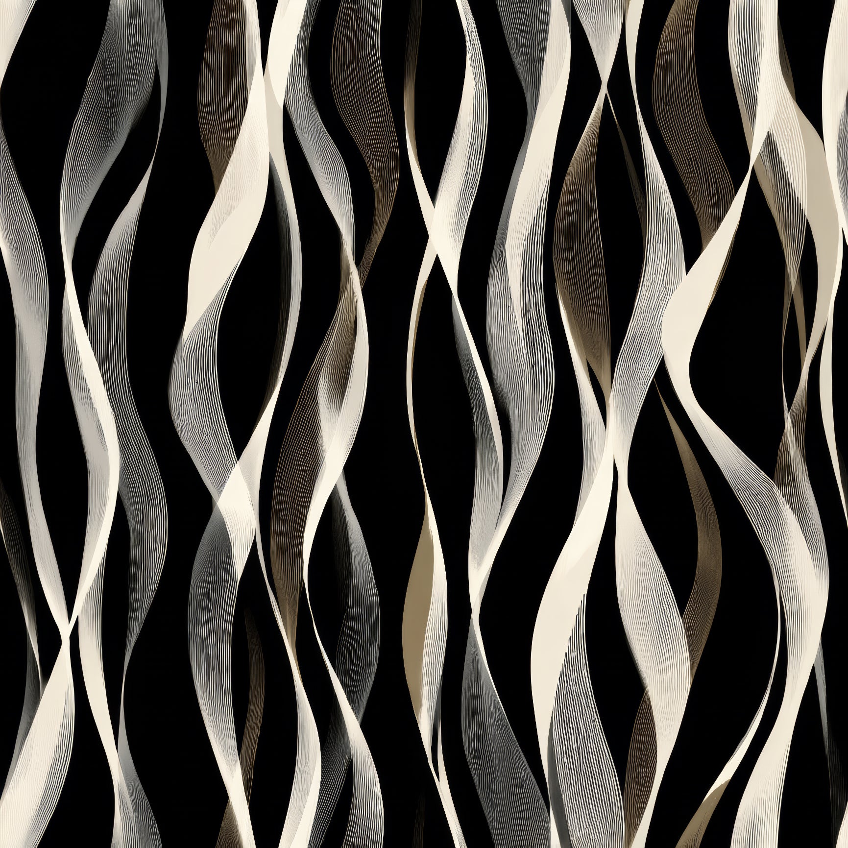 Opaline drift wallpaper featuring neutral ribbons of white and beige against a solid black backdrop.