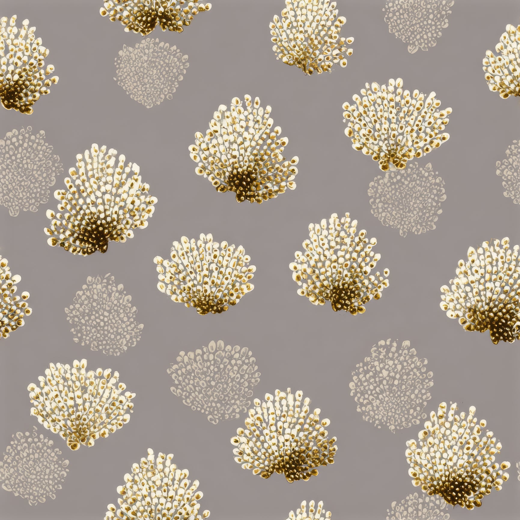 Patterned wallpaper with gold reefburst designs on a gray backdrop.