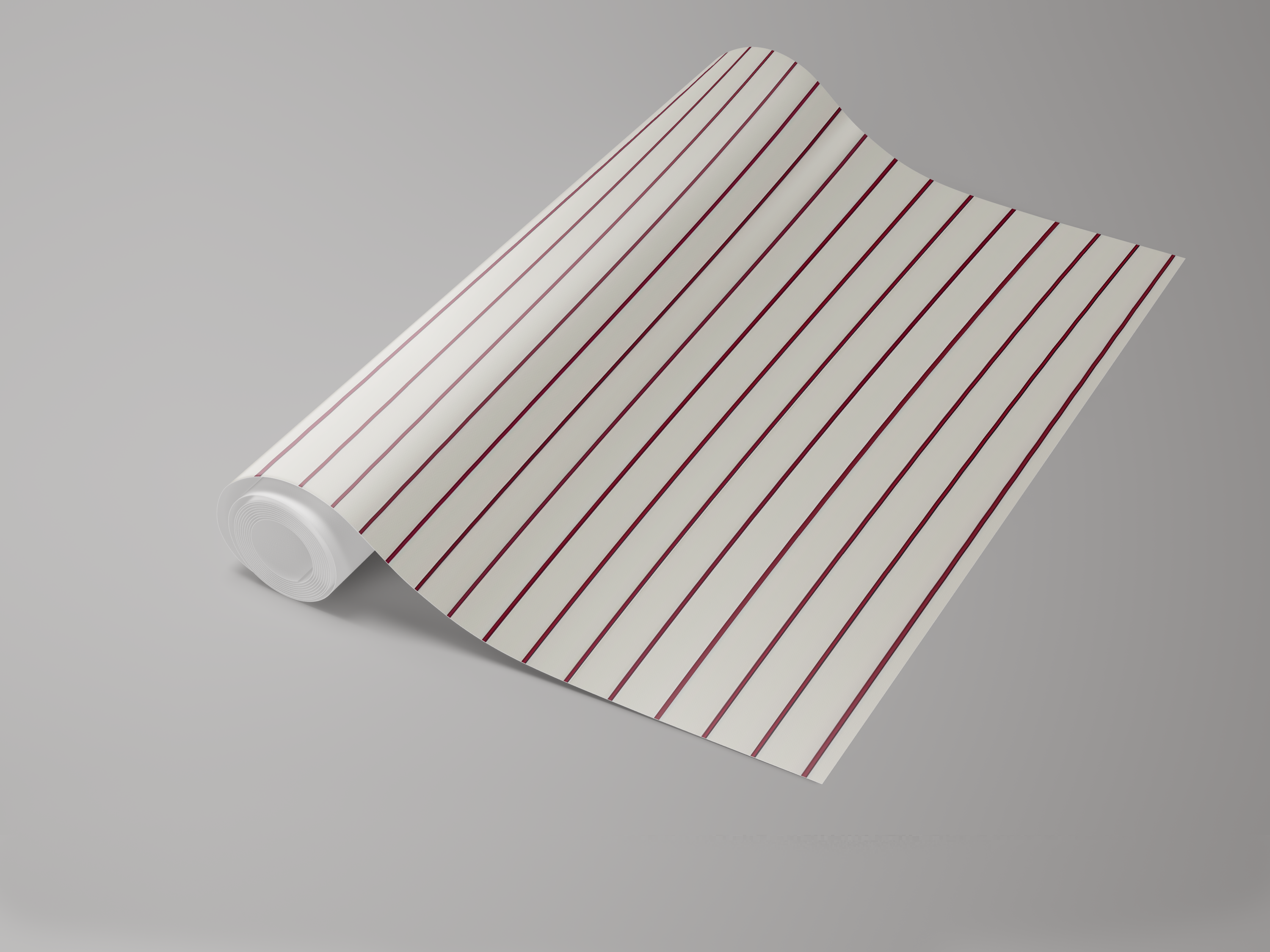 Striped wallpaper with oxblood lines by unknown vendor, rolled on a gray surface.