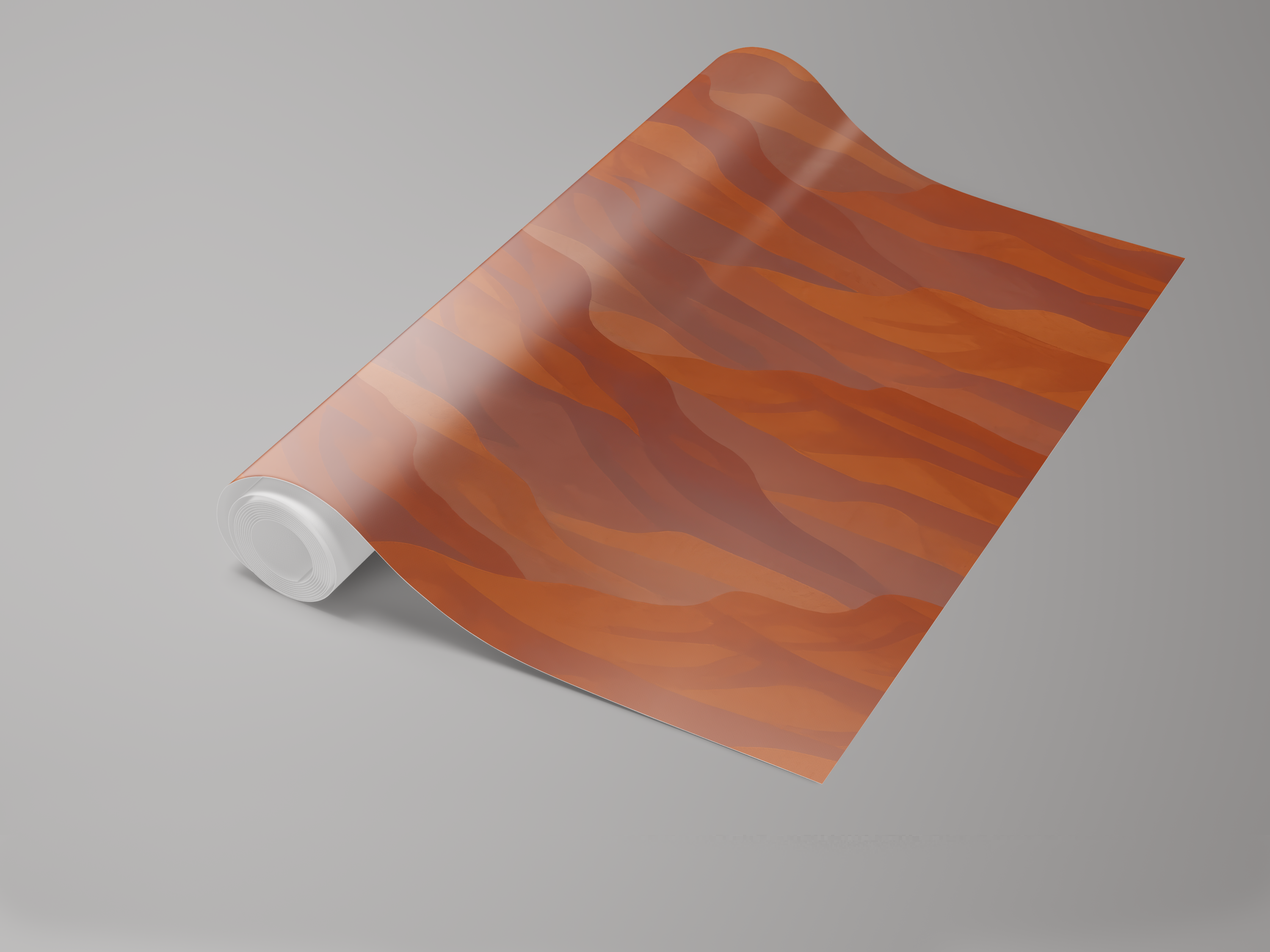 Roll of Canyons wallpaper with abstract painted pattern in orange and brown tones.