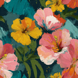 Painter’s Orchard Wallpaper with hibiscus flowers and tropical leaves pattern.