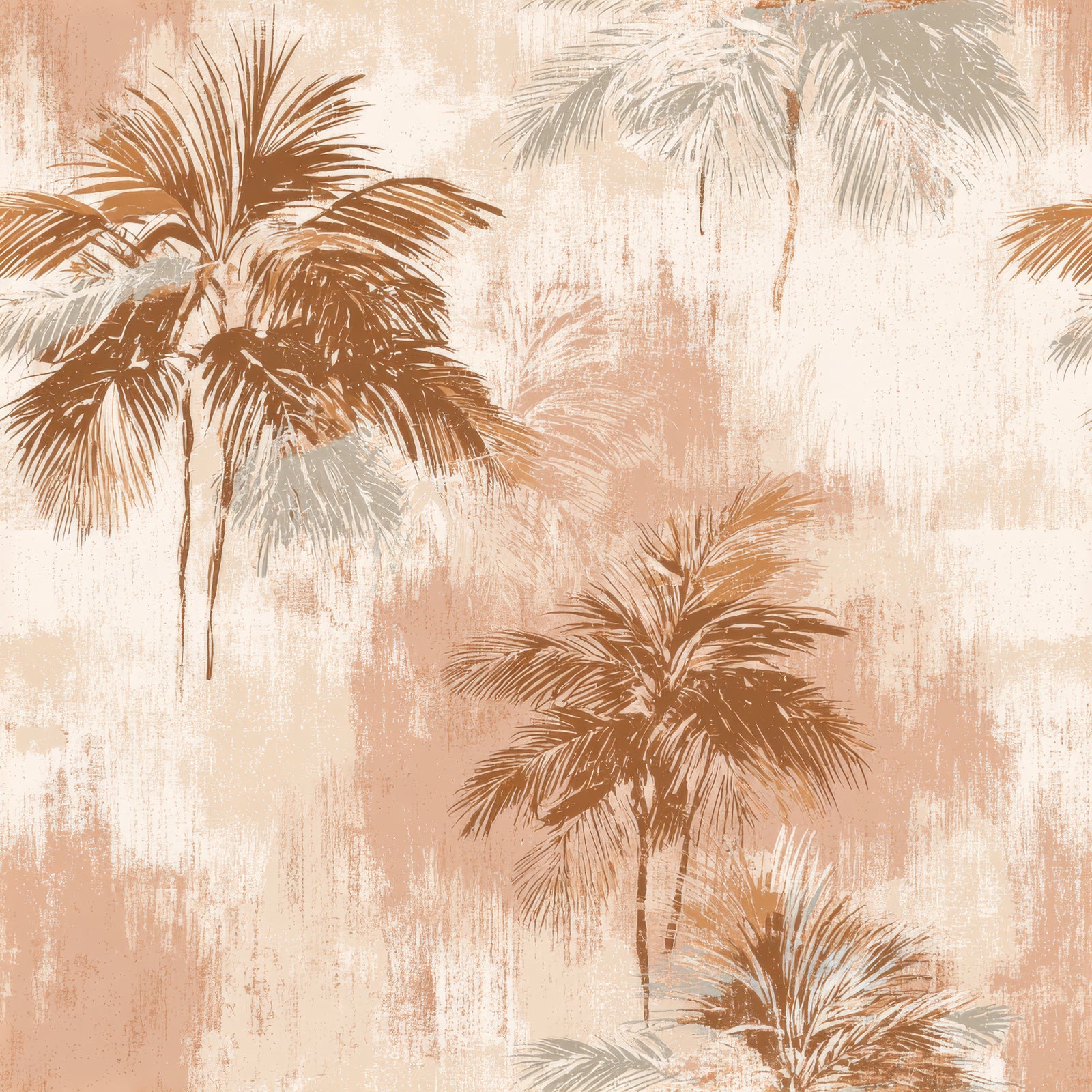 Patterned wallpaper featuring palm trees on a textured, sundrenched background.