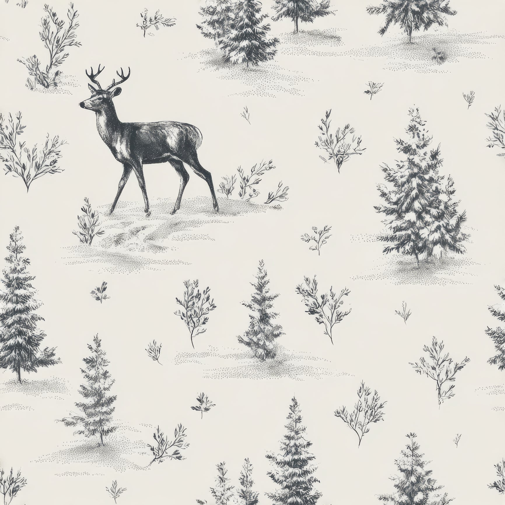 Patterned wallpaper with a deer and winter foliage motif.
