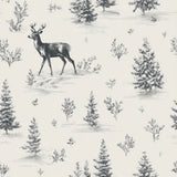 Patterned wallpaper with a deer and winter foliage motif.