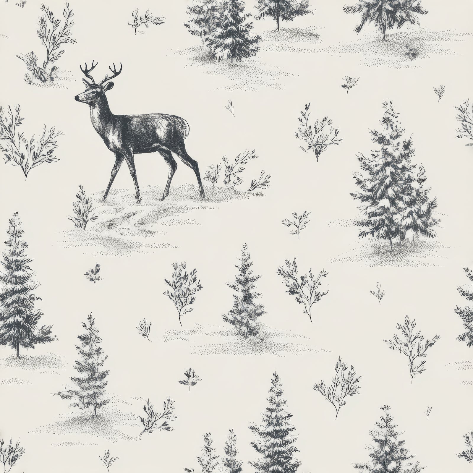 Patterned wallpaper with a deer and winter foliage motif.
