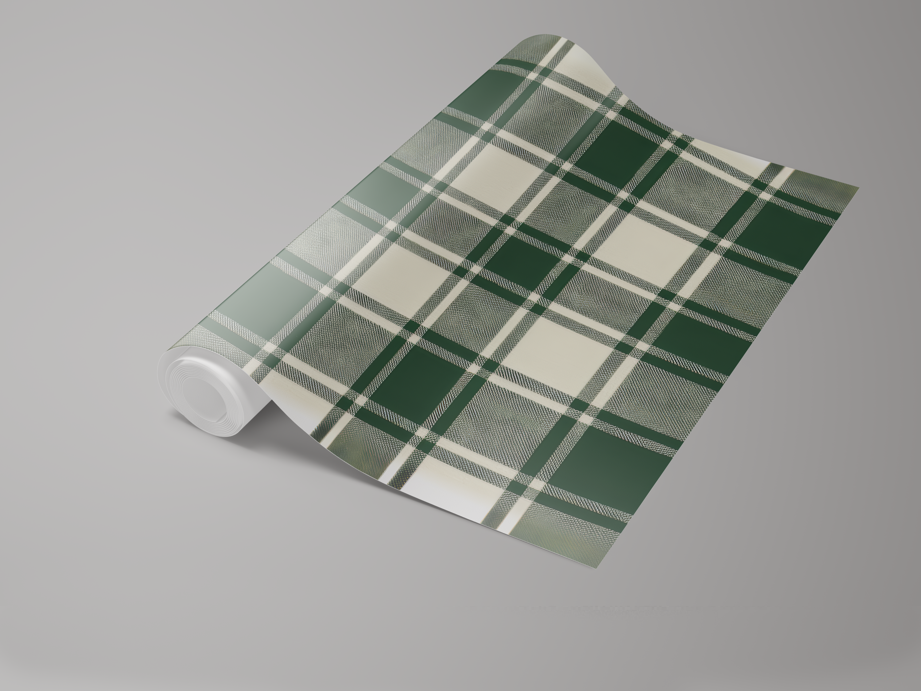 Green and beige plaid wallpaper by Pineland, featuring a repeating pattern on a roll.