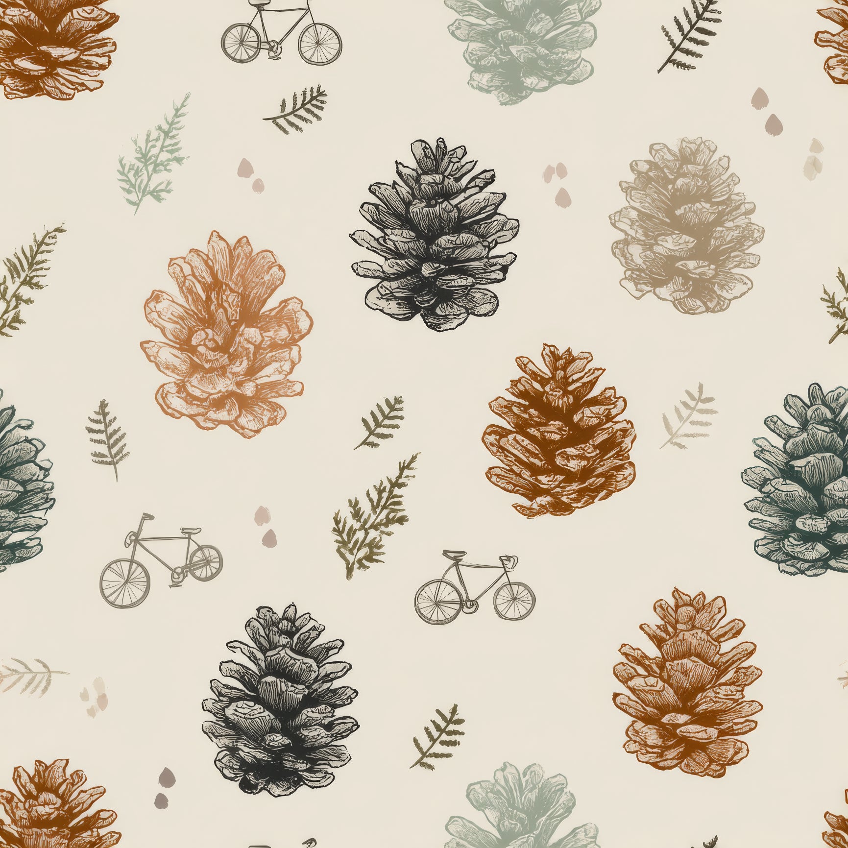 Pinewood vagabond wallpaper with a pattern of pinecones and bicycles on an off-white background.