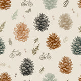 Pinewood vagabond wallpaper with a pattern of pinecones and bicycles on an off-white background.