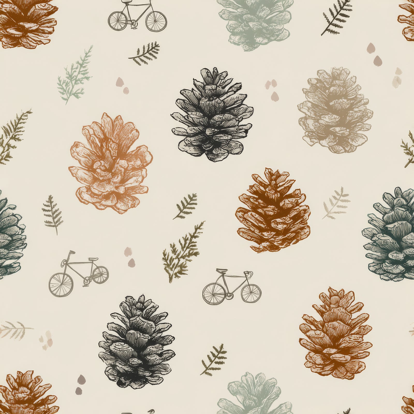 Pinewood vagabond wallpaper with a pattern of pinecones and bicycles on an off-white background.