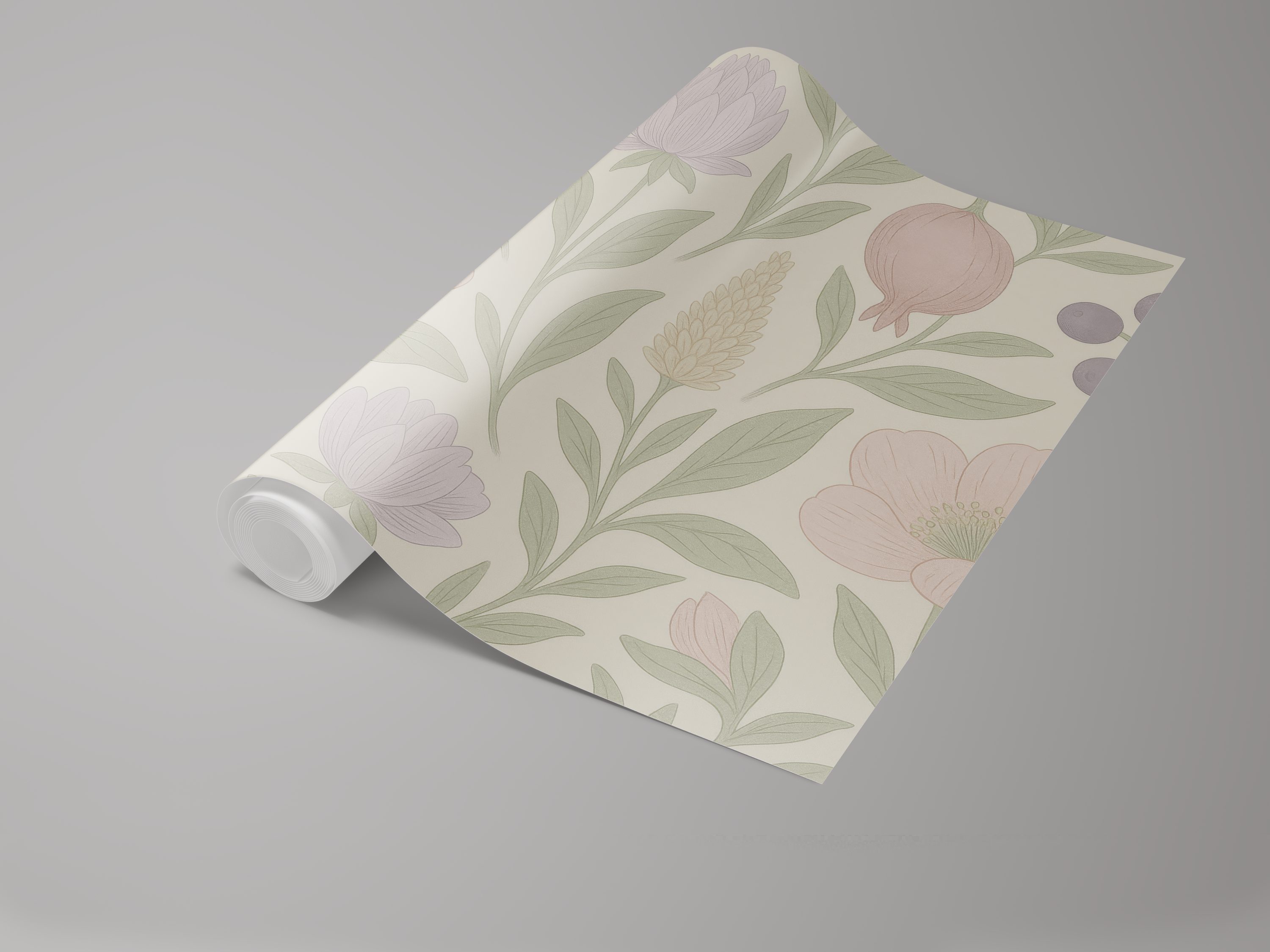Floral wallpaper with pink and green pattern on a roll.