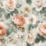 Peony wallpaper with floral pattern, by Portwyn, in peach and white hues, set against a light green backdrop.