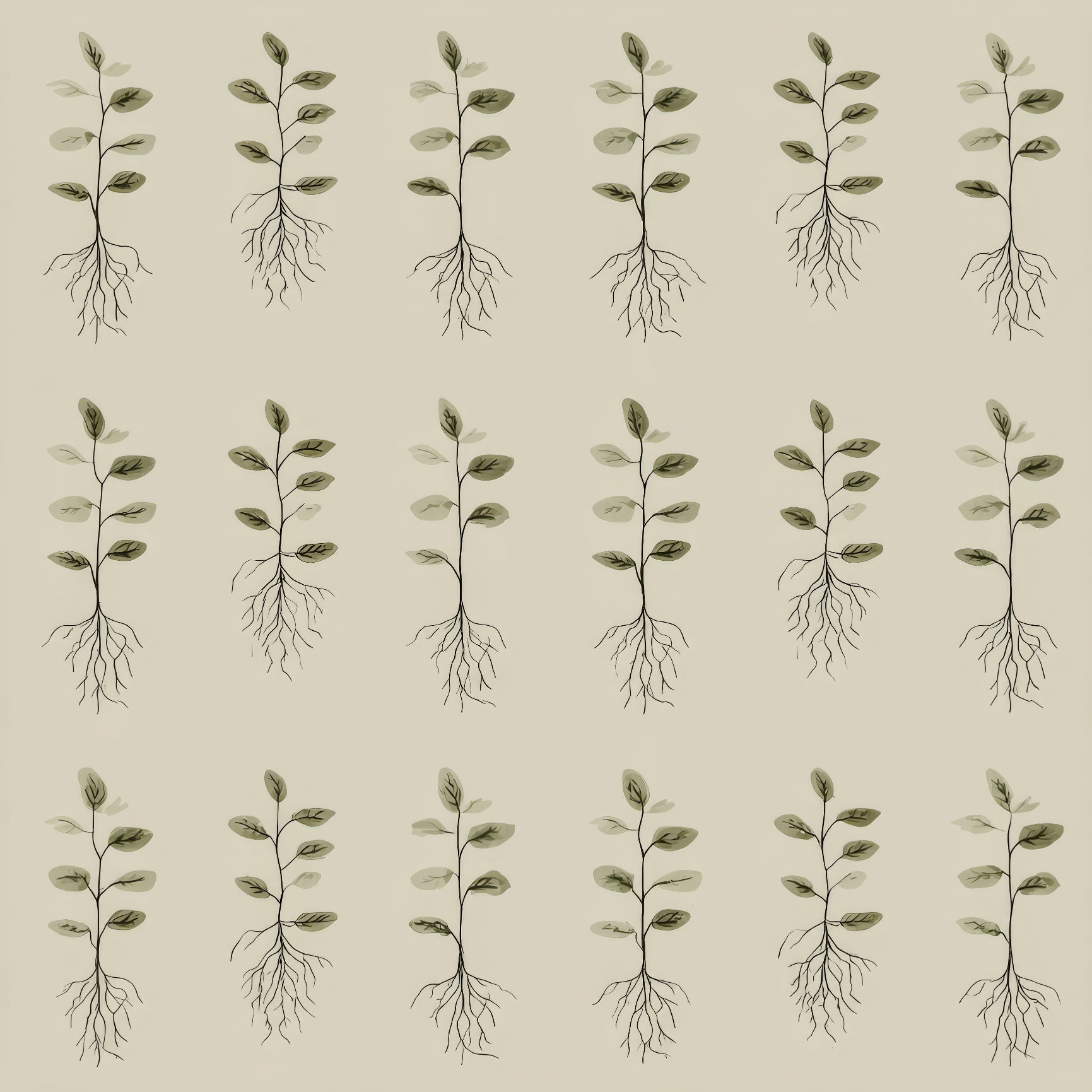 Rootbound ledger wallpaper with plant motif, featuring a repeated pattern of seedlings.
