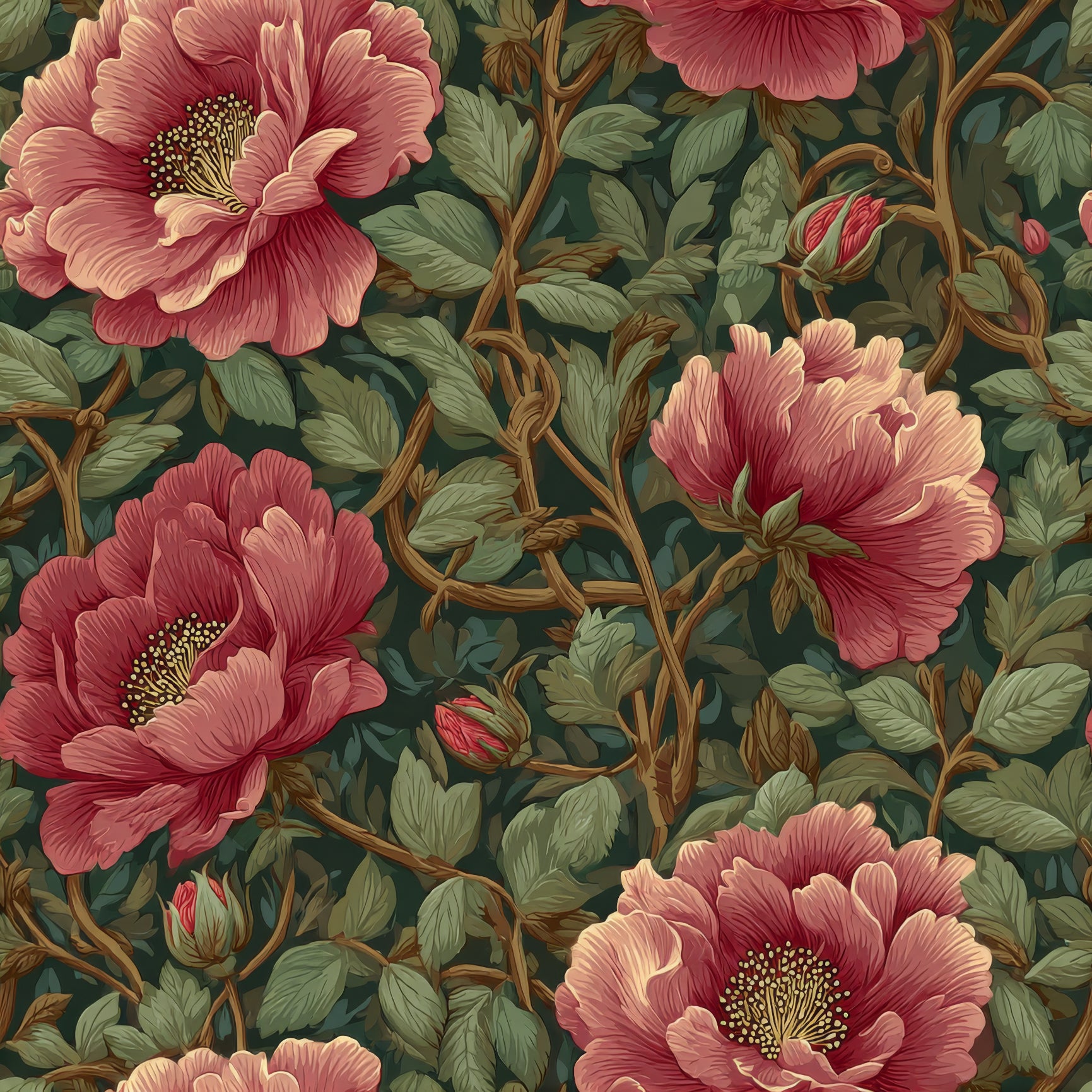 Floral rose wallpaper with tangle design by Rose Pavilion, featuring deep greens, reds, and intricate botanical details.
