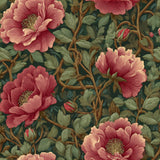 Floral rose wallpaper with tangle design by Rose Pavilion, featuring deep greens, reds, and intricate botanical details.
