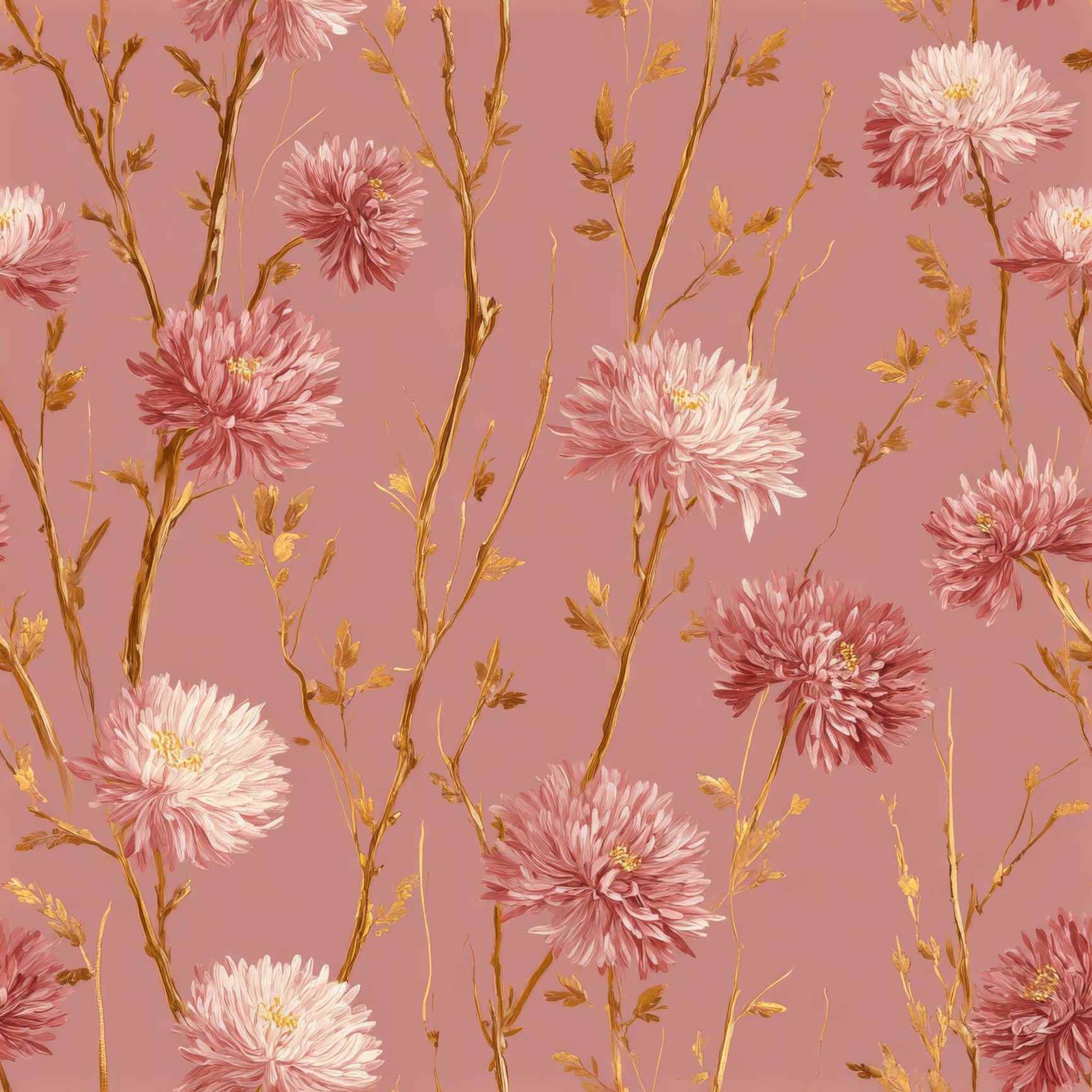 Floral rosette emberfield wallpaper with branch accents on a solid rose background.

