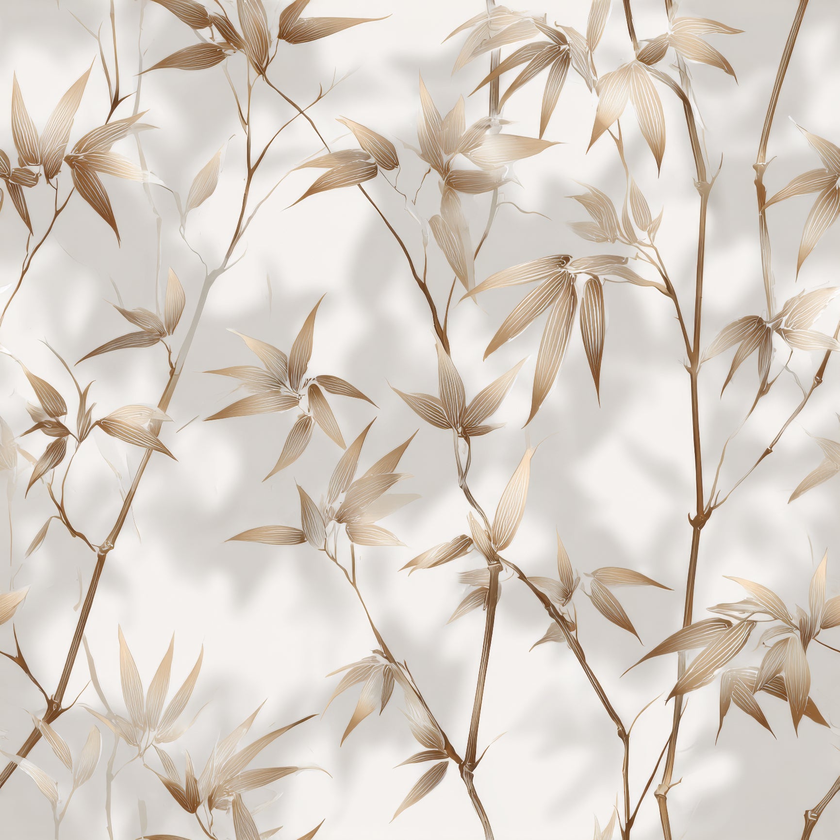 Sable Meridian wallpaper with metallic bamboo leaves pattern on a neutral background.