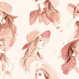Tan Salt Creek Muse Wallpaper with watercolor portraits of women in hats.
