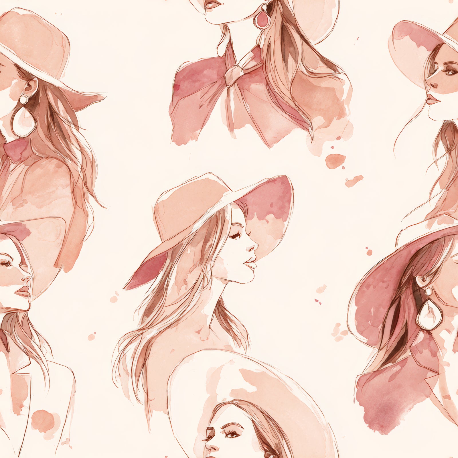 Tan Salt Creek Muse Wallpaper with watercolor portraits of women in hats.