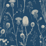 Botanical wallpaper with off-white thistle pattern on a deep blue background.