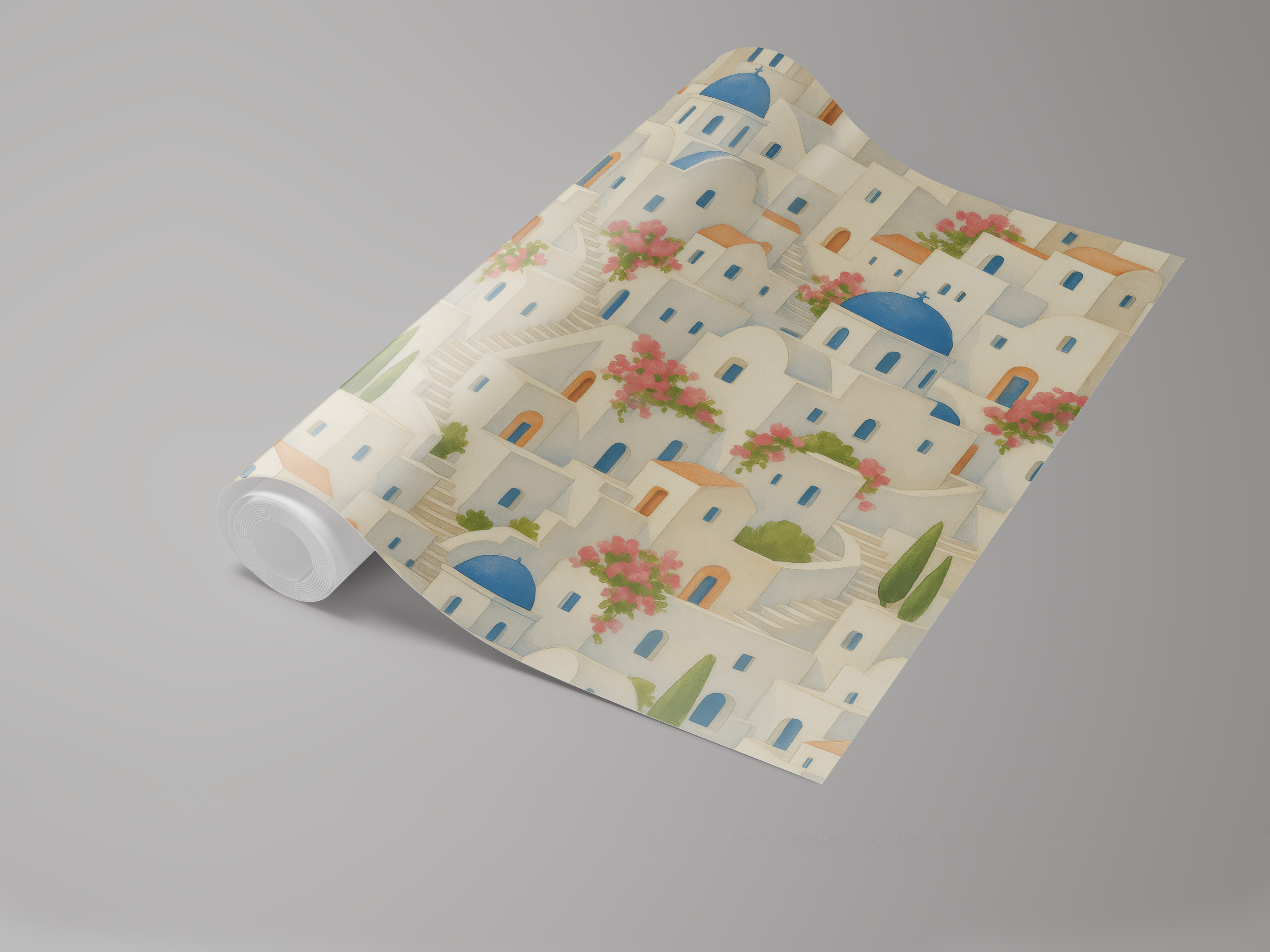 Santorini Steps wallpaper by Brewster Wallcovering, showcasing a pattern of white buildings, blue domes, and pink flowers.