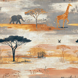 Savanna meridian wallpaper with animal and acacia tree pattern on a textured background.