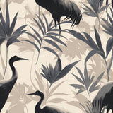 Black and white Shadowmere Palms Wallpaper with crane bird and palm leaf pattern.