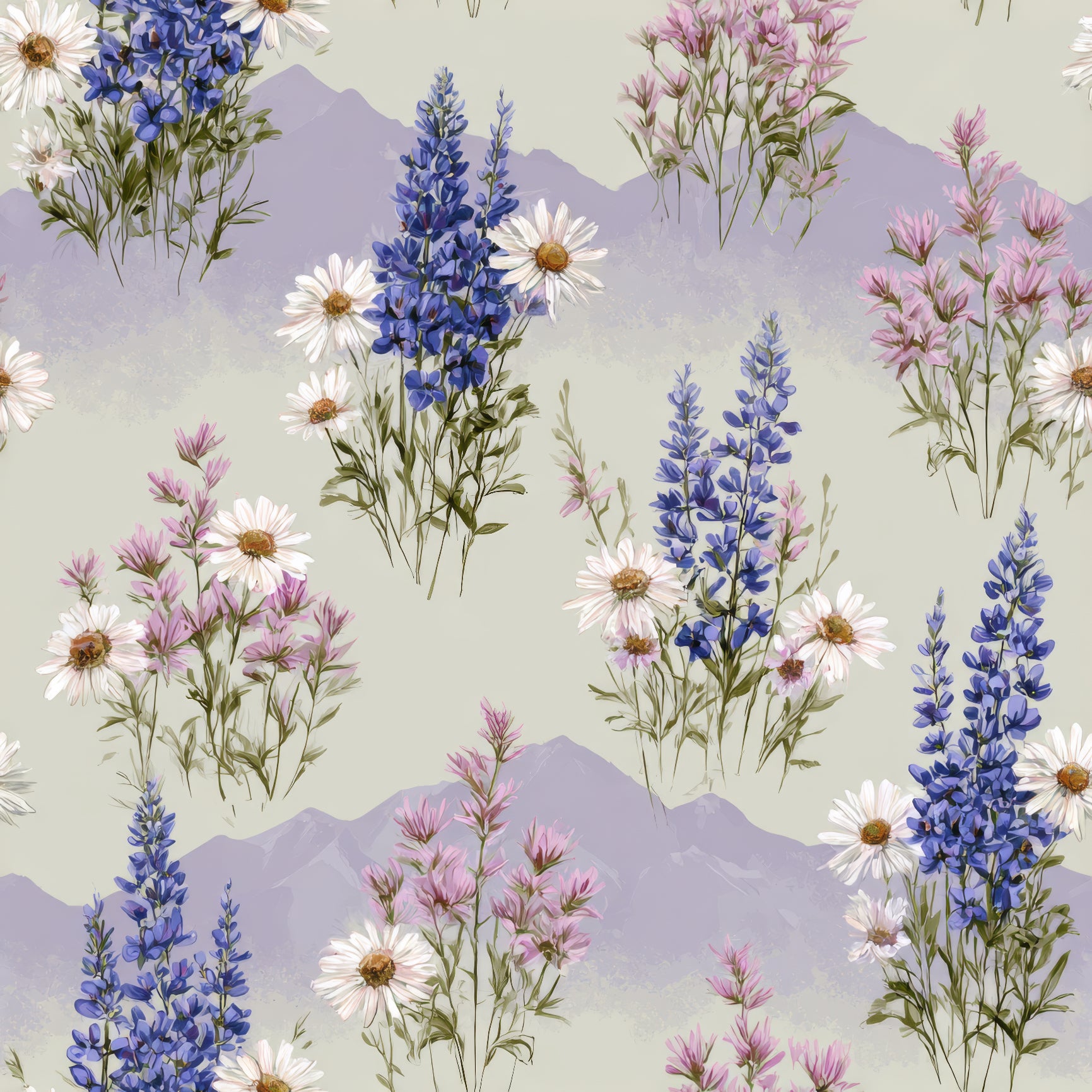 Floral meadowline wallpaper with purple mountains pattern.