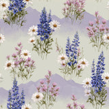 Floral meadowline wallpaper with purple mountains pattern.