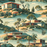 Sierra Crestfold Wallpaper, repeating pattern of mid-century modern homes on hills, with desert vegetation.